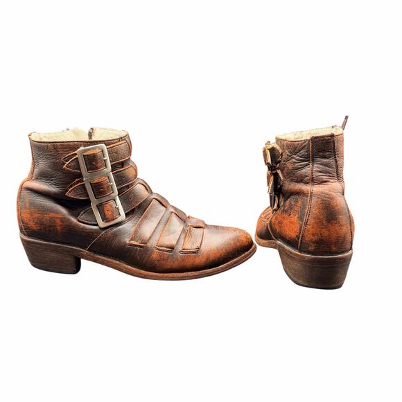 OG by Old Gringo Distressed Leather Strap Ankle Boots Brown 7.5 made in Mexico - Picture 1 of 13